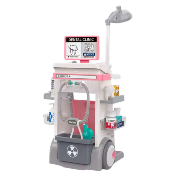 Arzt-Zahnarzt-Set, medizinischer Wagen, Beleuchtung, rosa, 26-teilig.