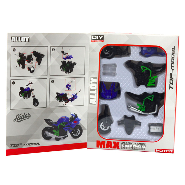 Motorrad zum Zusammenbauen, Schrauben, Metall, 1:14, DIY, Grün-Blau