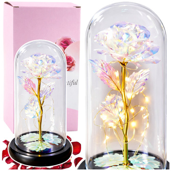 Eternal Rose in a Glass Crystal Dome, Colorful LED Lighting, 21x11cm