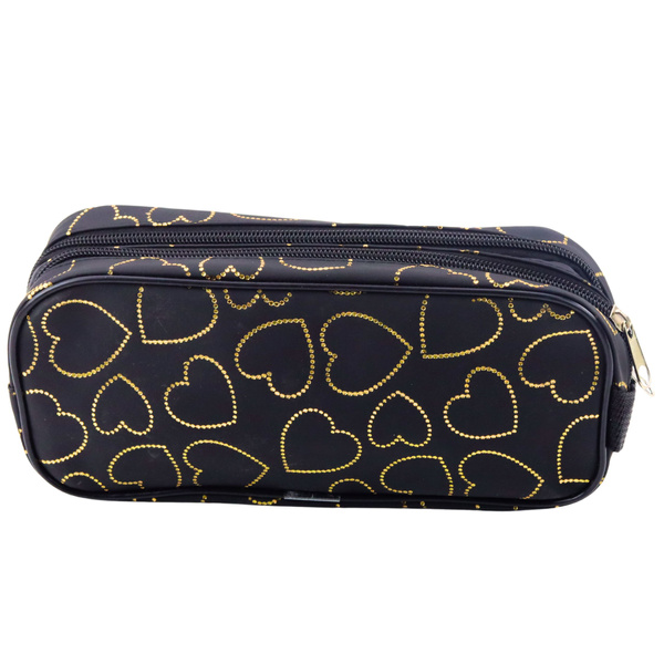 School Office Pencil Case, Two-Compartment, Golden Hearts, Black, 23.5x10 cm