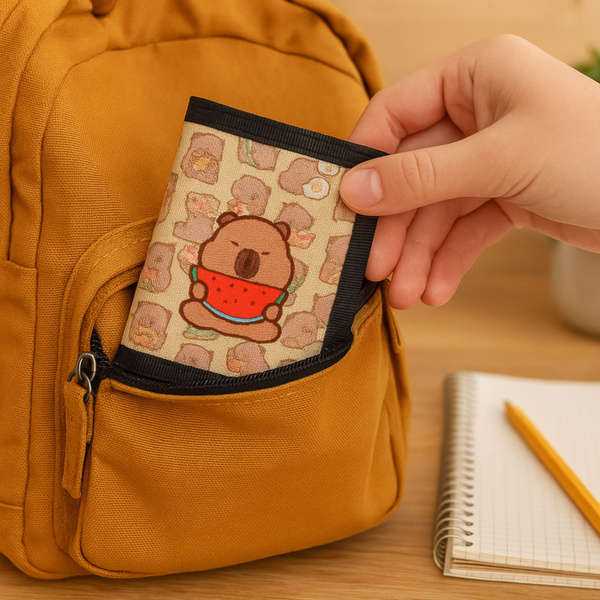 Kindergeldbörse mit Klettverschluss und Karabinerhaken, Motiv: Wasserschwein mit Wassermelone