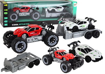 Set of Red Off-Road Car and White Sports Car Tow Truck