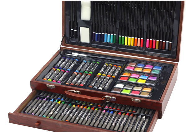 Art Set In Wooden Suitcase Crayons Pastels Paints