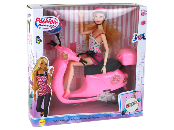 Set of a doll on a pink scooter with movable elements