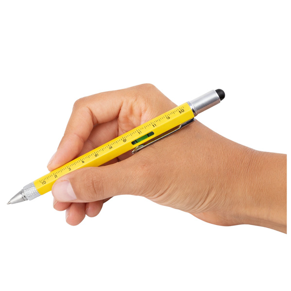 8-in-1 Multifunktionsstift mit Wasserwaage, LED-Taschenlampe und Schraubendreher (gelb)