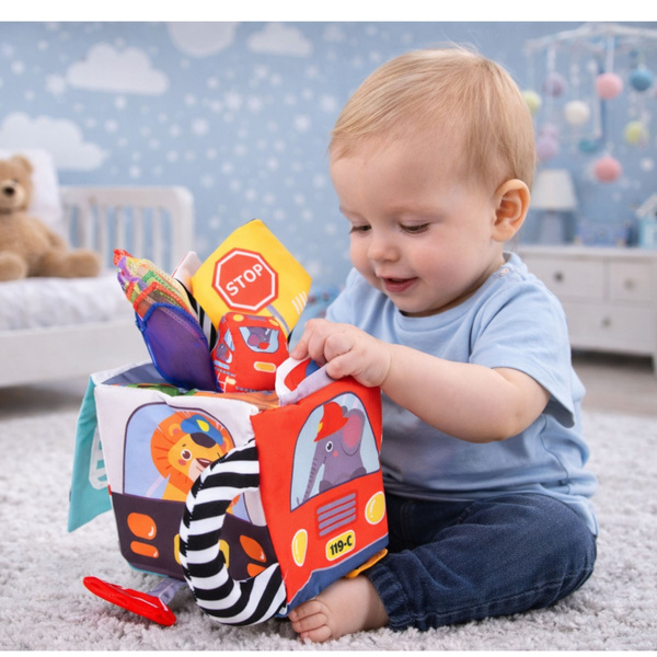 Soft Sensory Cube with Mirror Cars and Road Signs for Toddlers