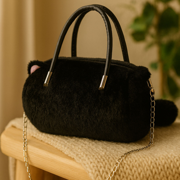 Plush Cat-Shaped Handbag with Chain Handles, Black