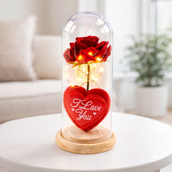 Eternal Rose in Dome with LED Lighting Red with Heart 18.5x8cm