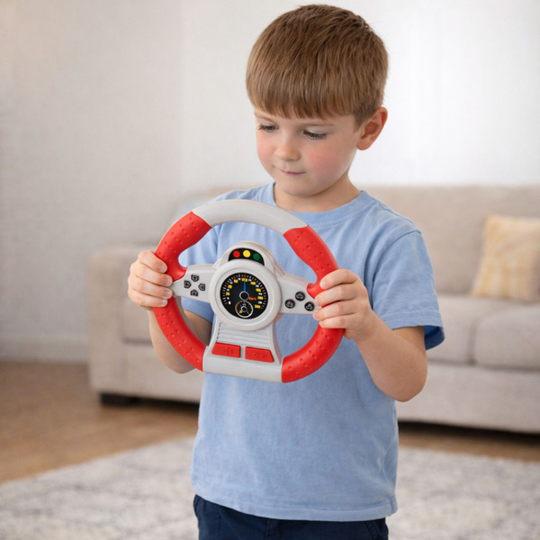 Interaktiver Lenkrad-Fahrsimulator: Lichter und Geräusche (rot)