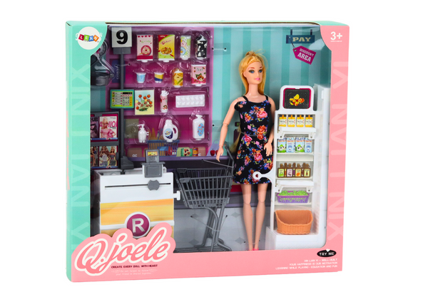 Set Doll In Supermarket Shelves Shopping Cart Food Products