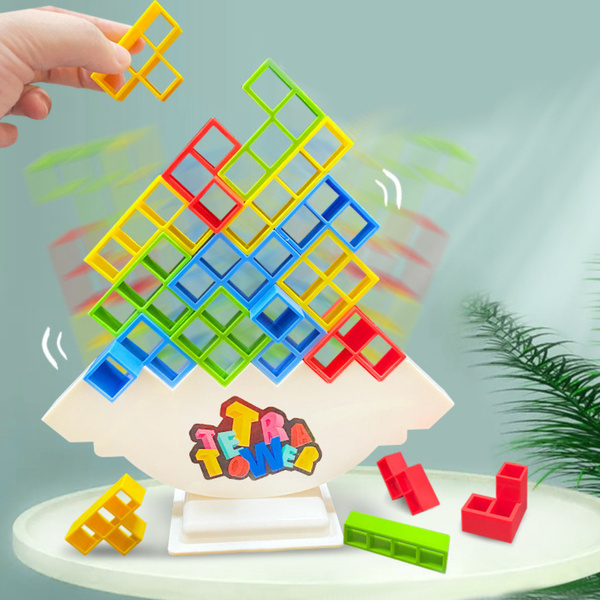 Tetris Tower Balancing Skill Game 16 Blocks 22 Color Cards