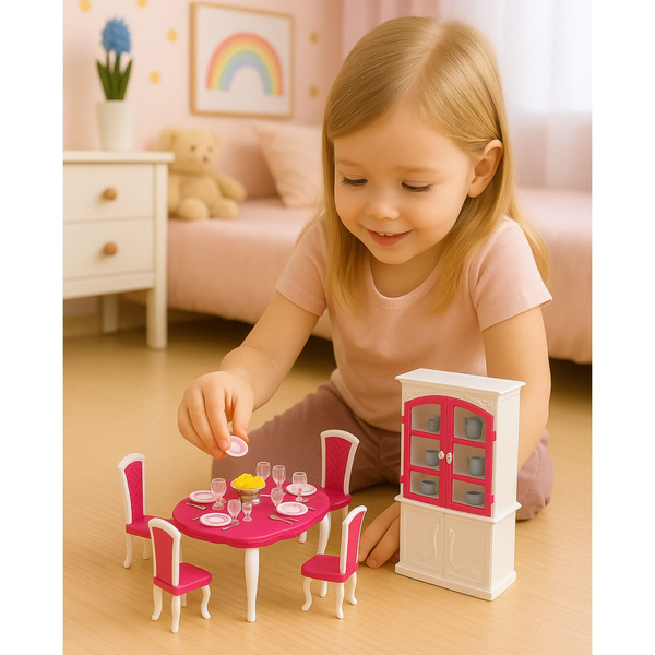Puppen-Essgruppe: Tisch, Stühle, Anrichte, Geschirr