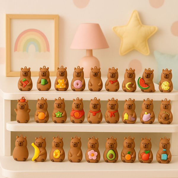Capybara-Figur-Schlüsselanhänger und Überraschungskarten in einer Dose