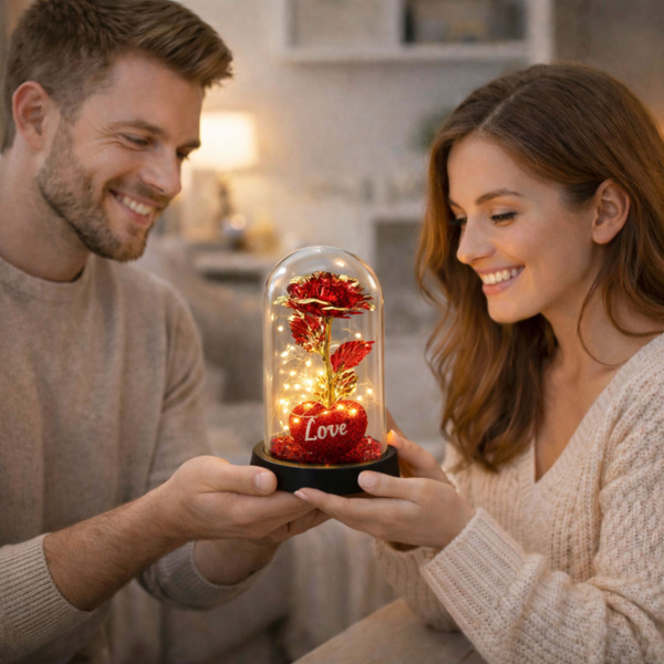 Eternal Rose in Dome with LED Lighting Heart Beads Red 21x11cm