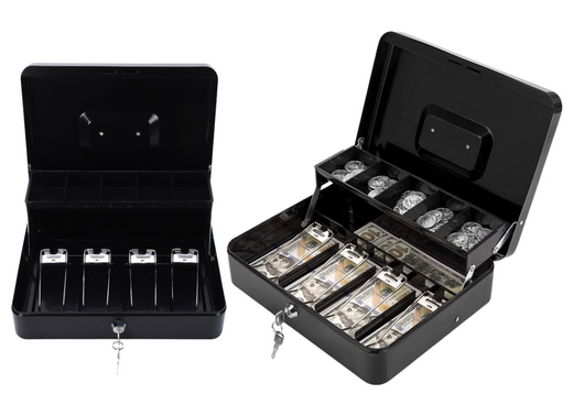 Banknotenbox aus schwarzem Metall, Münzen mit Schlüssel