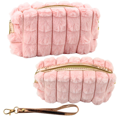 Plush Cosmetic Bag With Handle Roomy Pink 20cm