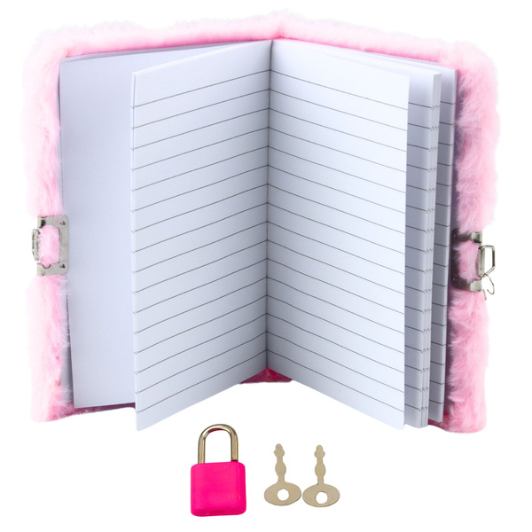 Plüsch-Tagebuch, Notizbuch mit Vorhängeschloss und 2 Schlüsseln, Herz, Rosa, A6, 80 Blatt