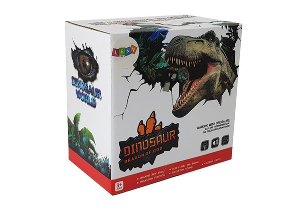 Grüner Dinosaurier auf Batterien bewegt sich mit dem Soundprojektor