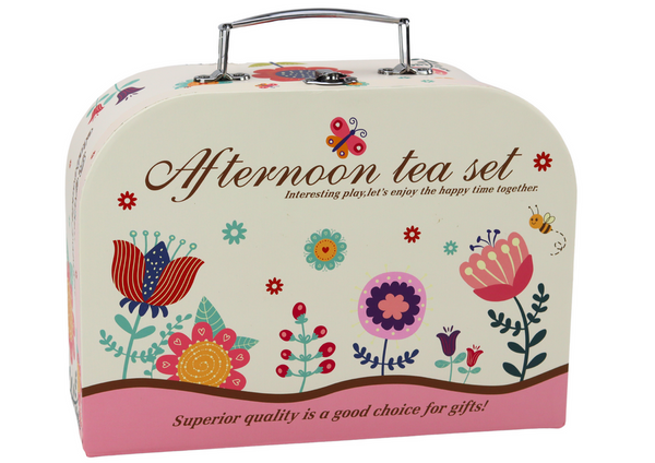 Tea set in a suitcase, cups, plates, cake stand