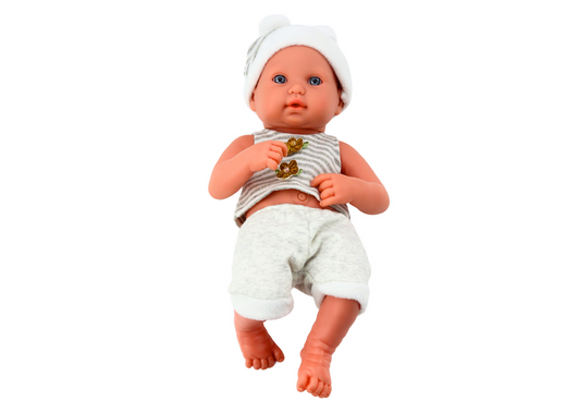 Baby doll in white and gray clothes, hat, pacifier, and blanket
