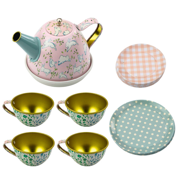 Tea Set in a Suitcase Pastel Metal Tableware 15 pcs