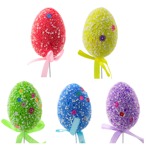 Easter Eggs On A Wire Pick Colorful White Patterns Ribbon Decoration 6pcs