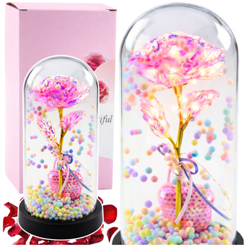 Eternal Rose in Dome with LED Lighting Pink with Heart and Balls