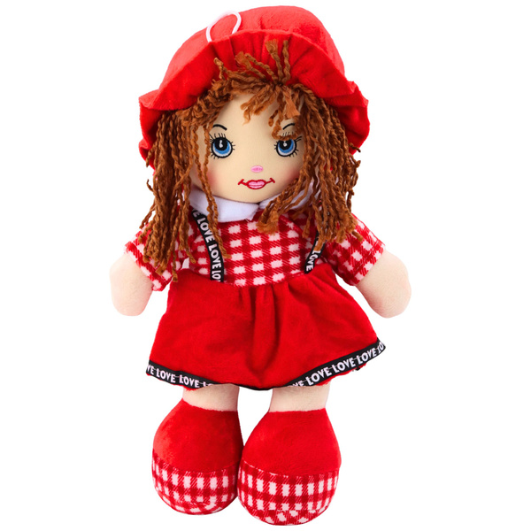 Stoffpuppe, Kuscheltier, kariertes Kleid, rot, 35 cm