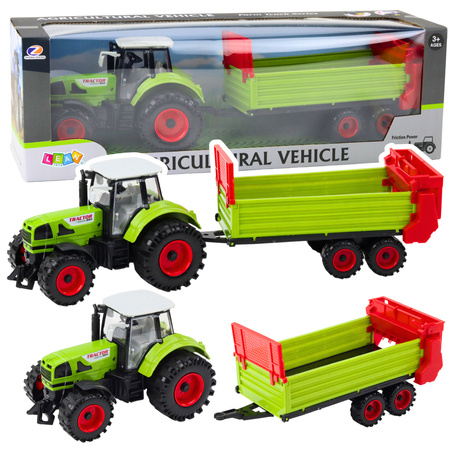 Tractor with trailer, friction drive, opening hood, doors, green