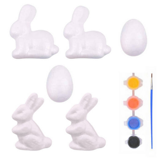 Set for painting styrofoam decorations 4 bunnies 2 eggs paints