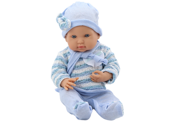 Babypuppe, gestreifter Pullover, Mütze, blauer Schal