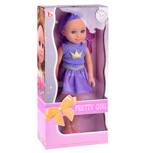 Doll in a Dress with a Crown Long Hair Purple Brush 38cm