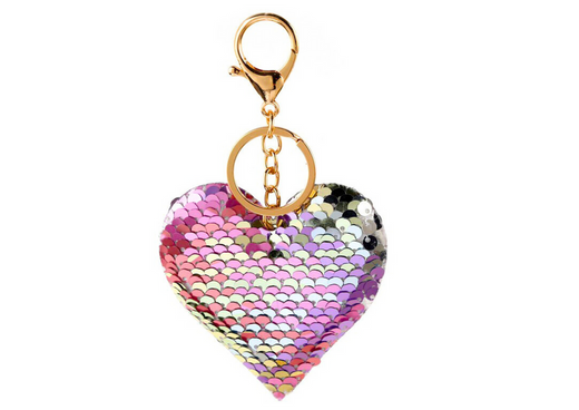 Heart Keychain Sequins Double Sided Silver Pink