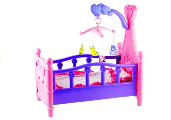 Large Doll's Bed with Mobile and Bedding, Pink and Purple, 48cm