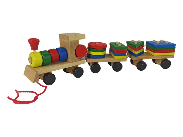 Wooden Train Locomotive. 2 Detachable Wagons