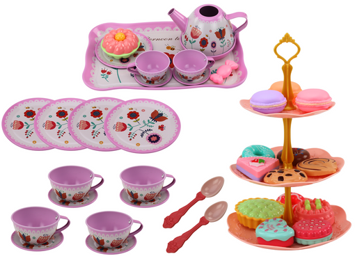 Tea set in a suitcase, cups, plates, cake stand