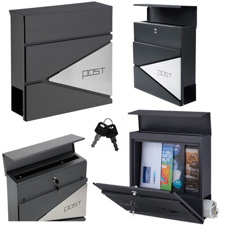 Large Mailbox for Letters and Newspapers, Anthracite, POST Inscription, 37x37x10.5 cm