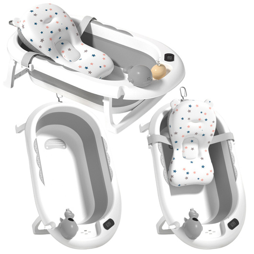 Faltbare Babybadewanne mit Thermometer und Matratze mit Sternen, Grau