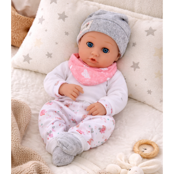 Babypuppe mit Fütterungszubehör, Lätzchen, Mütze, 28 cm