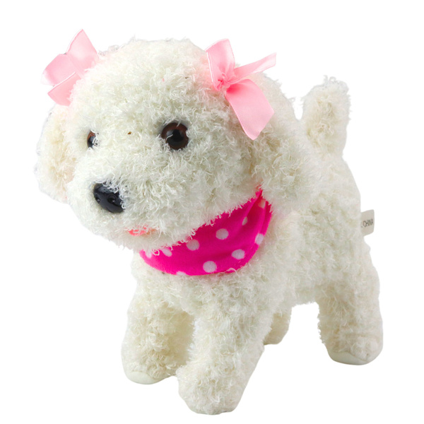 Interactive Poodle Dog with Bows on a Leash Walks and Barks White