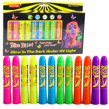 Zestaw Do Malowania Twarzy Pisaki Kredki Neonowe UV Fluorescencyjne 12szt