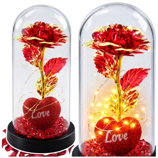 Eternal Rose in Dome with LED Lighting Heart Beads Red 21x11cm