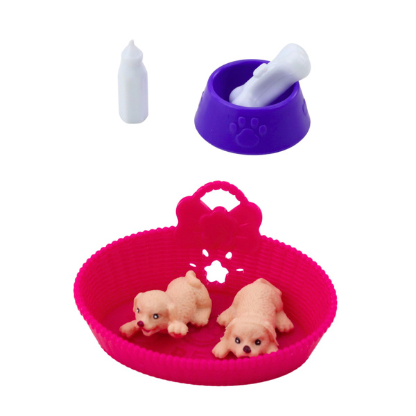 Mini-Puppenset mit zwei Welpen, Bett, Napf, Flasche