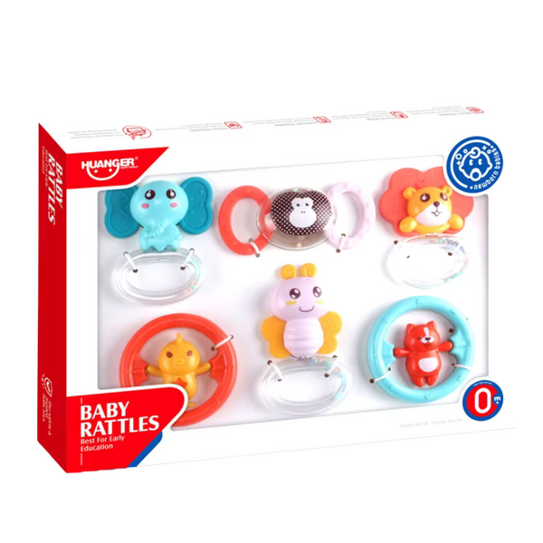 6er Set Babyrassel-Beißringe Tiere