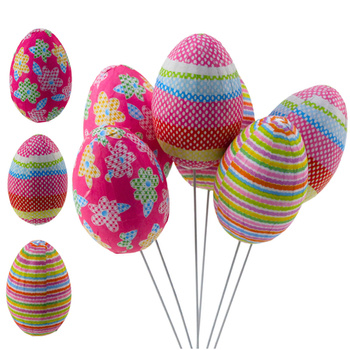 Easter Eggs on Wire Pick Dots Flowers Stripes Decoration Colorful 6pcs
