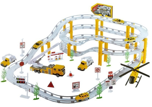 Dreistöckige Rennbahn mit 9 Autos Autorennbahn 3 Etagen 495cm Set Tankstelle