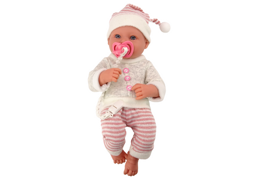 Babypuppe, Pullover, gestreifte Mütze, rosa Schnuller