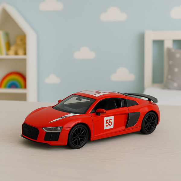 Sportwagen aus Metall, Rückziehfunktion, Lichter, Geräusche, Rot, 1:43