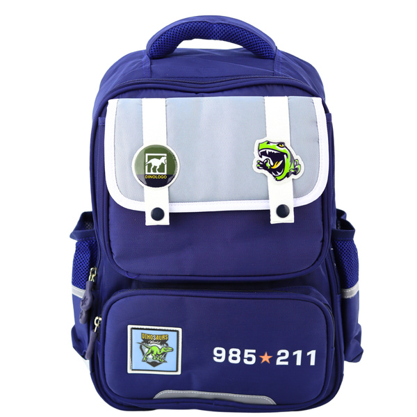 School Backpack Patches With Dinosaurs Chest Strap Navy Blue 39x27x15cm