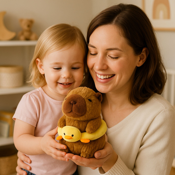Plüsch-Rettungsring mit gelbem Wasserschwein und brauner Ente, 20 cm